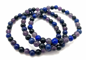Amethyst, Lapis Lazuli, and Black Tourmaline Elastic Bracelet - 6mm Beads
