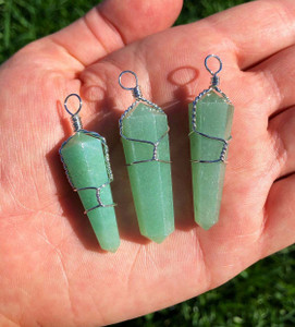 Green Aventurine Polished Point Pendant in Wire Wrapped Setting